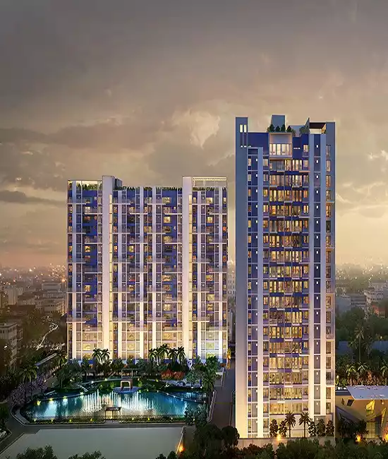 Morya towers illuminated at night